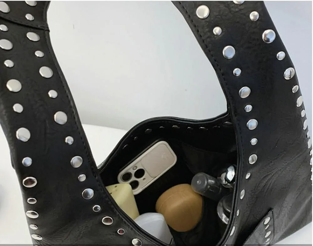 Y2k Crescent Hobo Bags Women 90s Trendy Studded Shoulder Satchels Crossbody Purse PU Leather Punk Underarm Tote Handbag