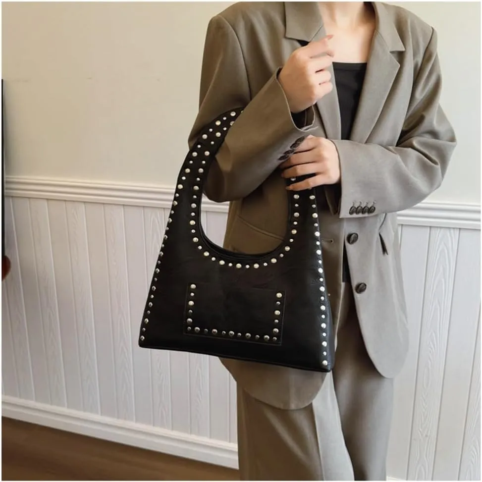 Y2k Crescent Hobo Bags Women 90s Trendy Studded Shoulder Satchels Crossbody Purse PU Leather Punk Underarm Tote Handbag