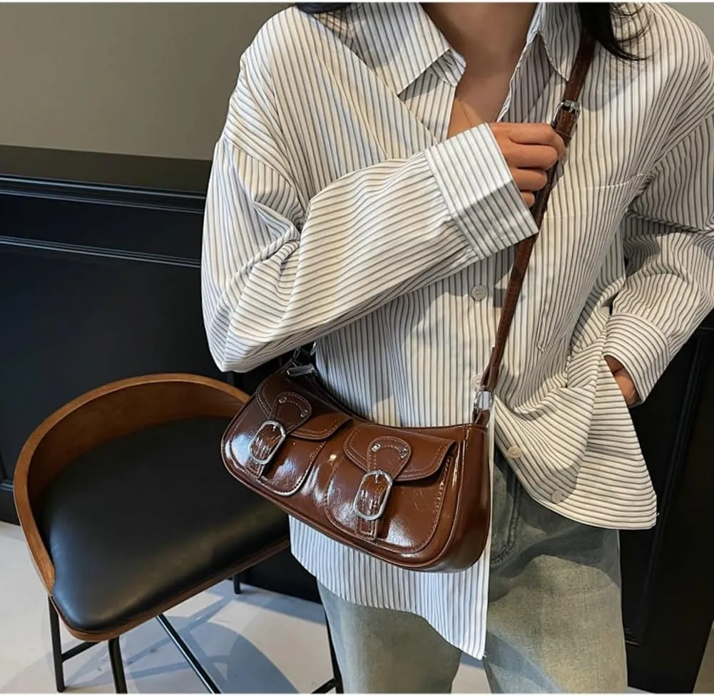 Y2k Hobo Bags Women 90s PU Leather Red Underarm Crescent Shoulder Bag Trendy Punk Crossbody Purse Slouchy Tote Handbag