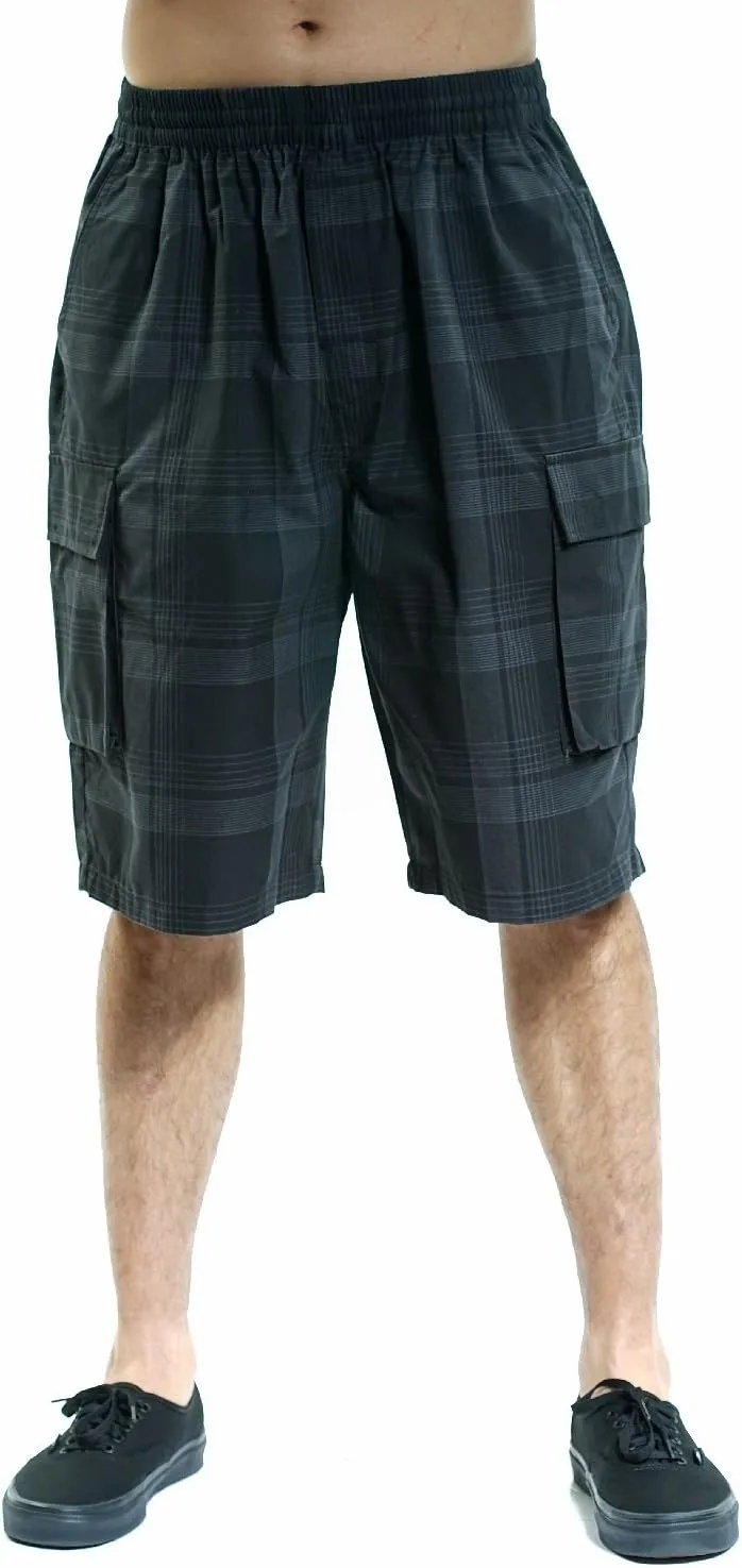 YAGO Men's Elastic Waist Drawstring Relaxed Fit Plaid Cargo Shorts S-5XL