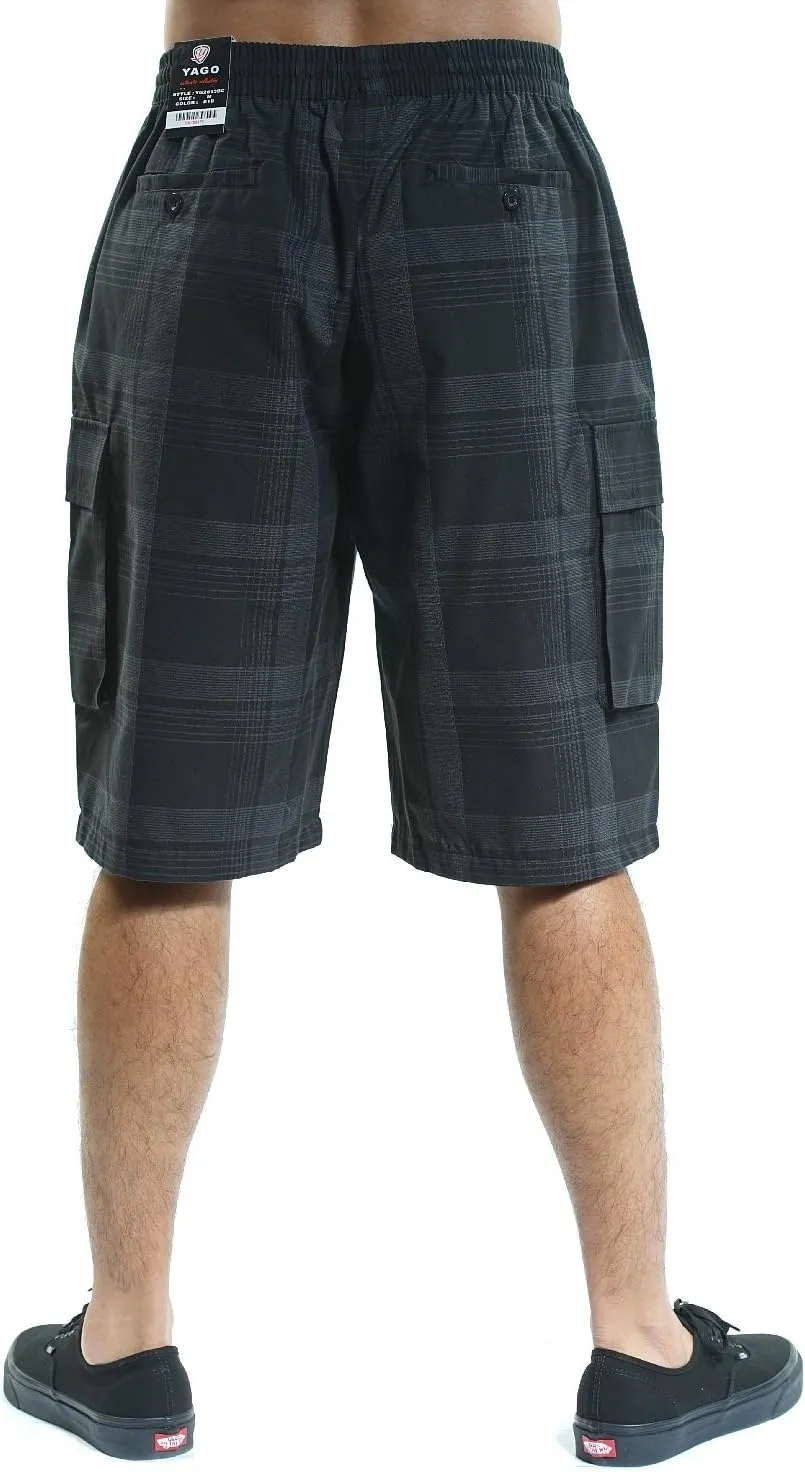 YAGO Men's Elastic Waist Drawstring Relaxed Fit Plaid Cargo Shorts S-5XL