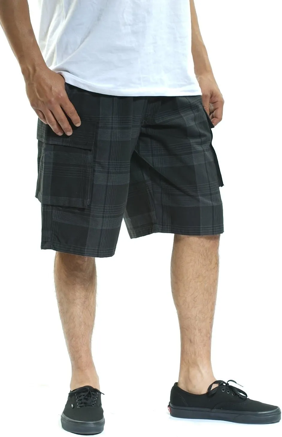 YAGO Men's Elastic Waist Drawstring Relaxed Fit Plaid Cargo Shorts S-5XL