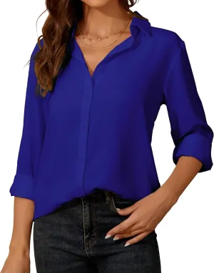 YAMANMAN Womens Button Down Shirt Long Sleeve Classic Collared Tops Work Office Casual Chiffon Blouse