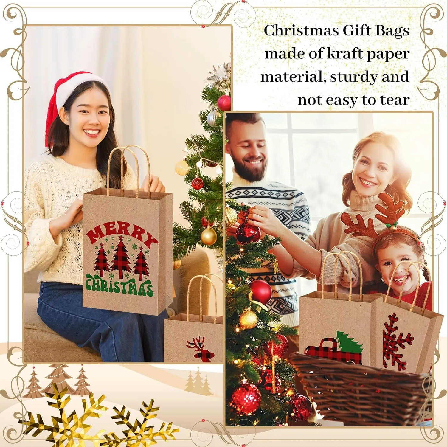 Yeaqee 100 Pcs Christmas Kraft Gift Bags Bulk Xmas Holiday Paper Gift Bags with Handle Plaid Candy Treat Party Favor Bags for Christmas New Year Presents Wrapping Party Favor Supplies Decor