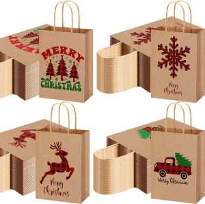Yeaqee 100 Pcs Christmas Kraft Gift Bags Bulk Xmas Holiday Paper Gift Bags with Handle Plaid Candy Treat Party Favor Bags for Christmas New Year Presents Wrapping Party Favor Supplies Decor