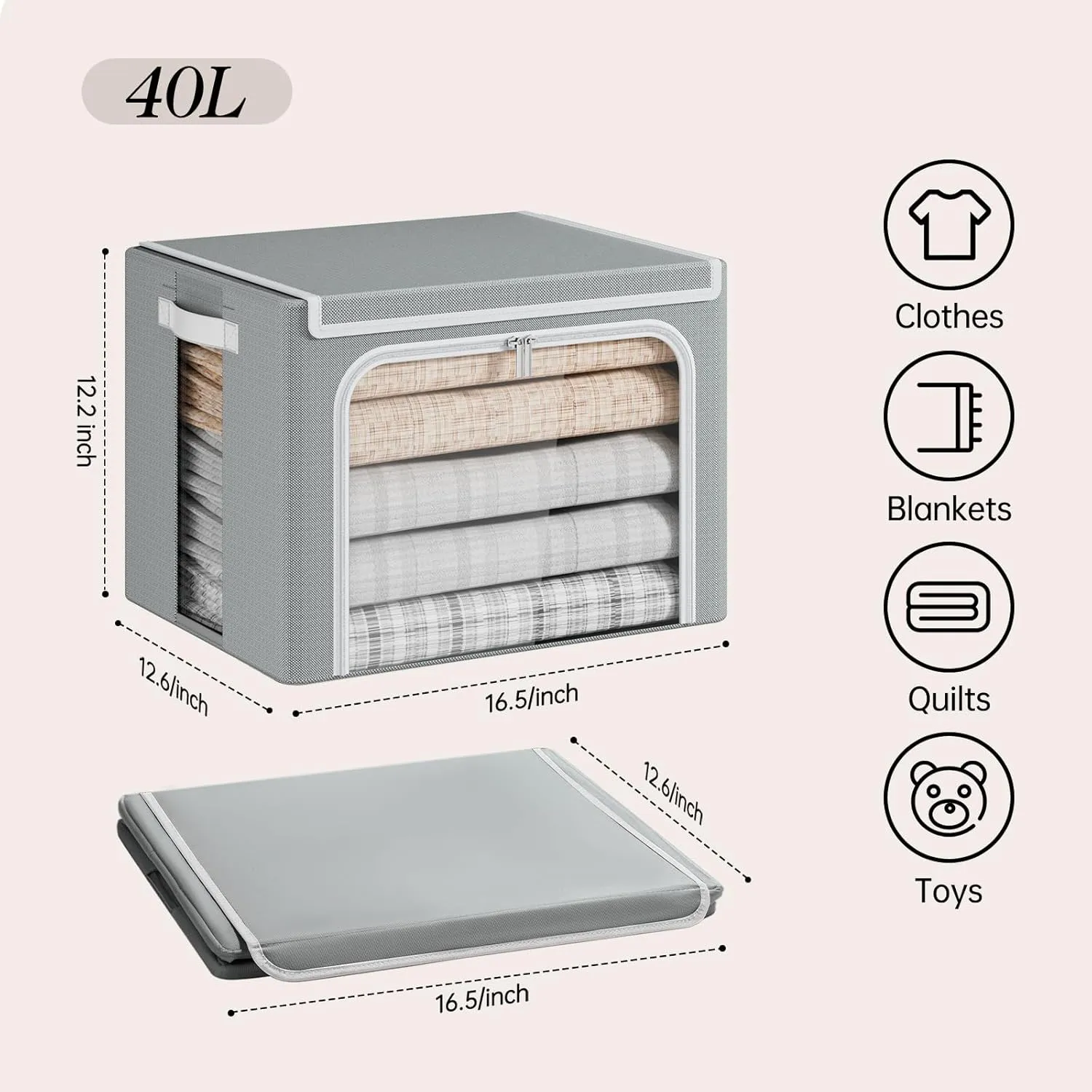 Yecaye Clothes Storage Bins with Metal Frame, 40L Foldable Clothing Storage Bins with Lid, Stackable Zippered Clothes Storage Bags, Oxford Fabric Organizer Box With Clear Window＆ PU Leather Handles