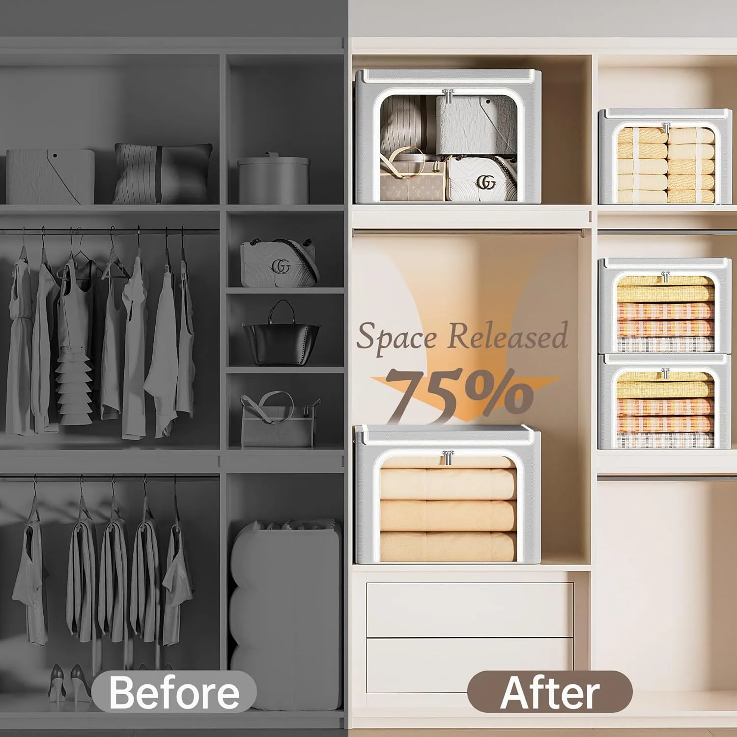 Yecaye Clothes Storage Bins with Metal Frame, 40L Foldable Clothing Storage Bins with Lid, Stackable Zippered Clothes Storage Bags, Oxford Fabric Organizer Box With Clear Window＆ PU Leather Handles
