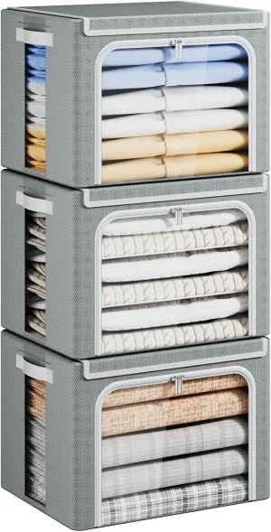 Yecaye Clothes Storage Bins with Metal Frame, 40L Foldable Clothing Storage Bins with Lid, Stackable Zippered Clothes Storage Bags, Oxford Fabric Organizer Box With Clear Window＆ PU Leather Handles
