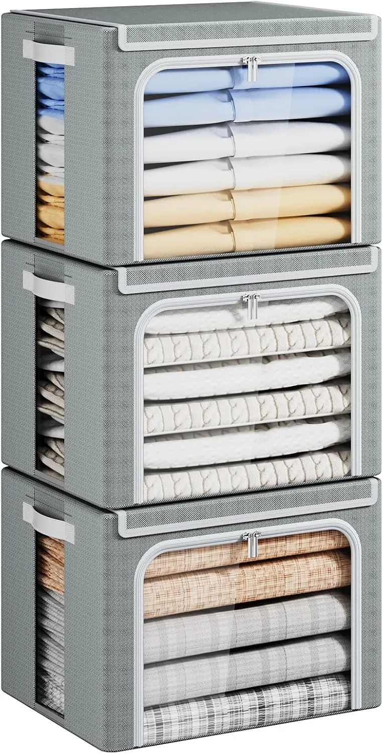 Yecaye Clothes Storage Bins with Metal Frame, 40L Foldable Clothing Storage Bins with Lid, Stackable Zippered Clothes Storage Bags, Oxford Fabric Organizer Box With Clear Window＆ PU Leather Handles