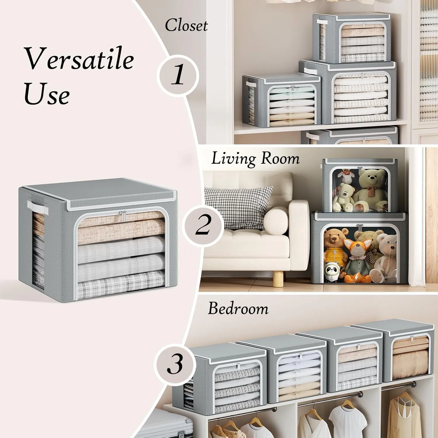 Yecaye Clothes Storage Bins with Metal Frame, 40L Foldable Clothing Storage Bins with Lid, Stackable Zippered Clothes Storage Bags, Oxford Fabric Organizer Box With Clear Window＆ PU Leather Handles