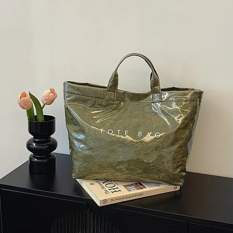 YFGBCX PVC Surface Kraft Paper Tote for Women - Large Solid Color Hobo Bag with Letter Print