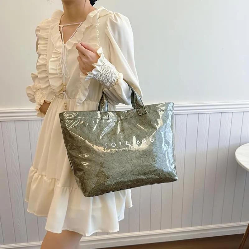 YFGBCX PVC Surface Kraft Paper Tote for Women - Large Solid Color Hobo Bag with Letter Print