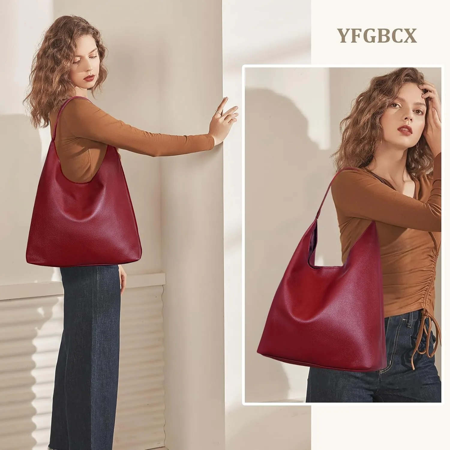 YFGBCX Slouchy Hobo Tote Bags for Women - Faux Leather Work & College Tote Handbags with Small Pouch