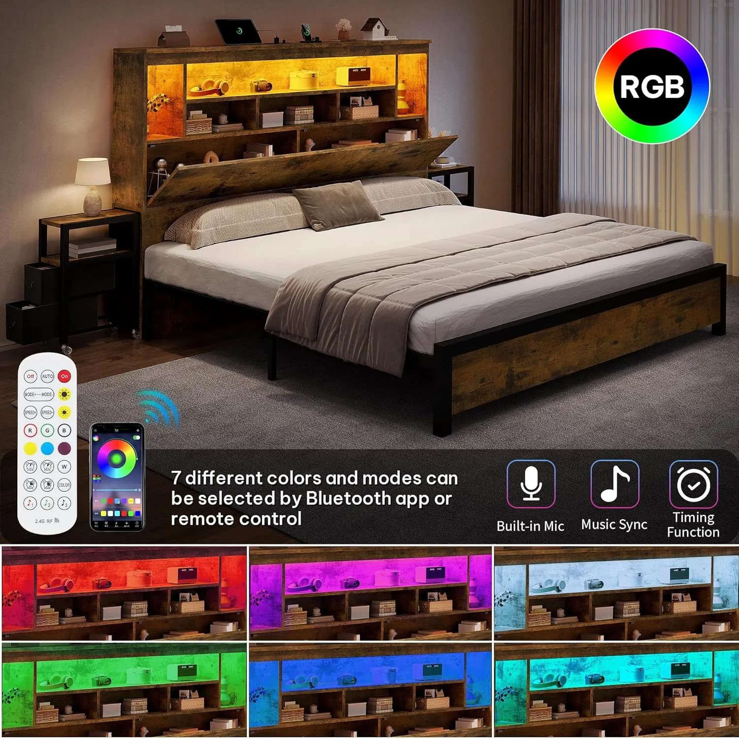 YITAHOME King Size Bed Frame with Storage Bookcase Headboard & RGB LED Lights, Slide Out Bedside Storage, Charging Station & USB, Heavy Duty Metal Slats, No Box Spring Needed, Noise-Free, Rustic Brown