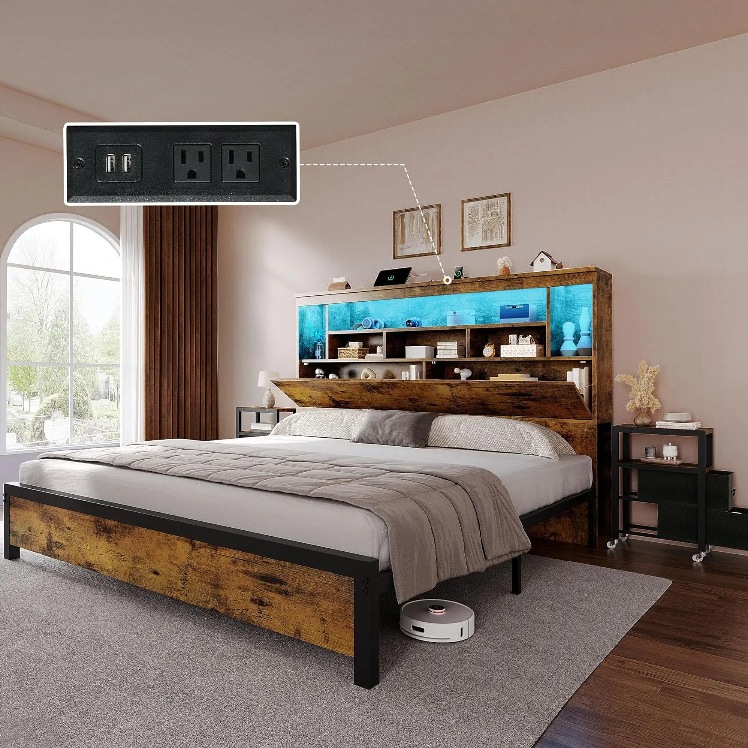 YITAHOME King Size Bed Frame with Storage Bookcase Headboard & RGB LED Lights, Slide Out Bedside Storage, Charging Station & USB, Heavy Duty Metal Slats, No Box Spring Needed, Noise-Free, Rustic Brown