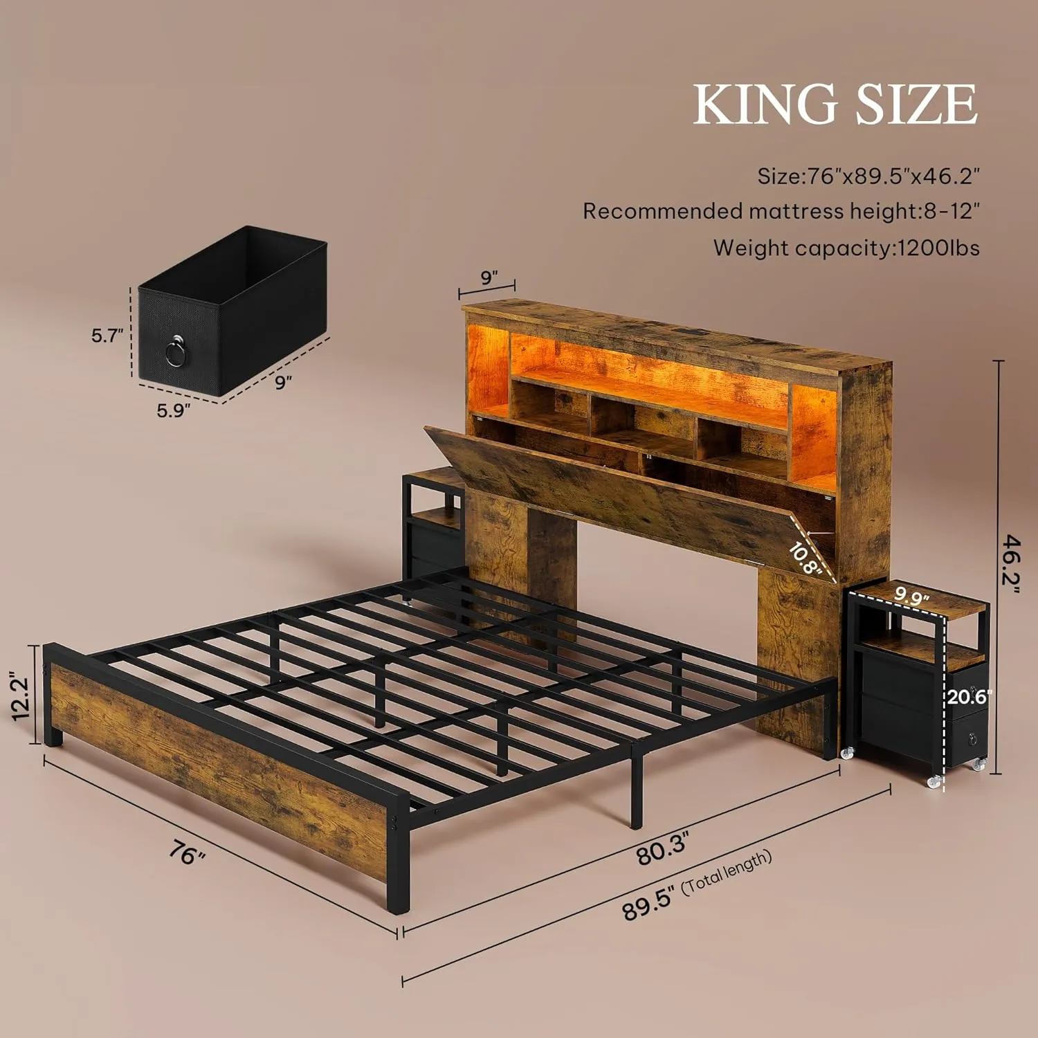 YITAHOME King Size Bed Frame with Storage Bookcase Headboard & RGB LED Lights, Slide Out Bedside Storage, Charging Station & USB, Heavy Duty Metal Slats, No Box Spring Needed, Noise-Free, Rustic Brown