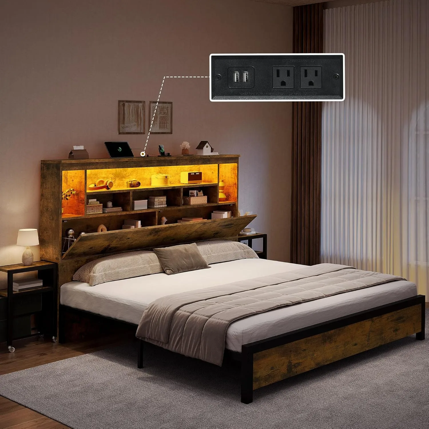 YITAHOME King Size Bed Frame with Storage Bookcase Headboard & RGB LED Lights, Slide Out Bedside Storage, Charging Station & USB, Heavy Duty Metal Slats, No Box Spring Needed, Noise-Free, Rustic Brown