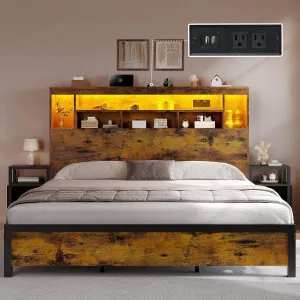 YITAHOME King Size Bed Frame with Storage Bookcase Headboard & RGB LED Lights, Slide Out Bedside Storage, Charging Station & USB, Heavy Duty Metal Slats, No Box Spring Needed, Noise-Free, Rustic Brown