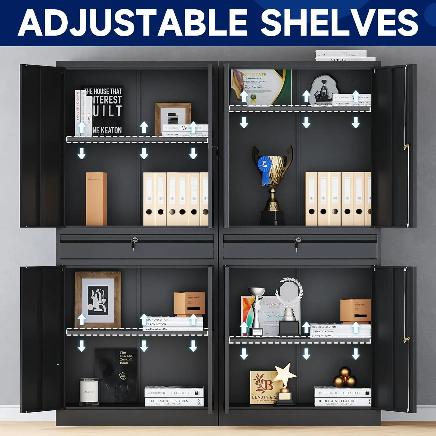 Yizosh Metal Garage Storage Cabinet with Locking Doors and Adjustable Shelves, Tool Storage Cabinet with 1 Drawer - 71" Steel Locking Cabinet for Garage, Warehouse (Black)