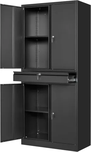 Yizosh Metal Garage Storage Cabinet with Locking Doors and Adjustable Shelves, Tool Storage Cabinet with 1 Drawer - 71" Steel Locking Cabinet for Garage, Warehouse (Black)