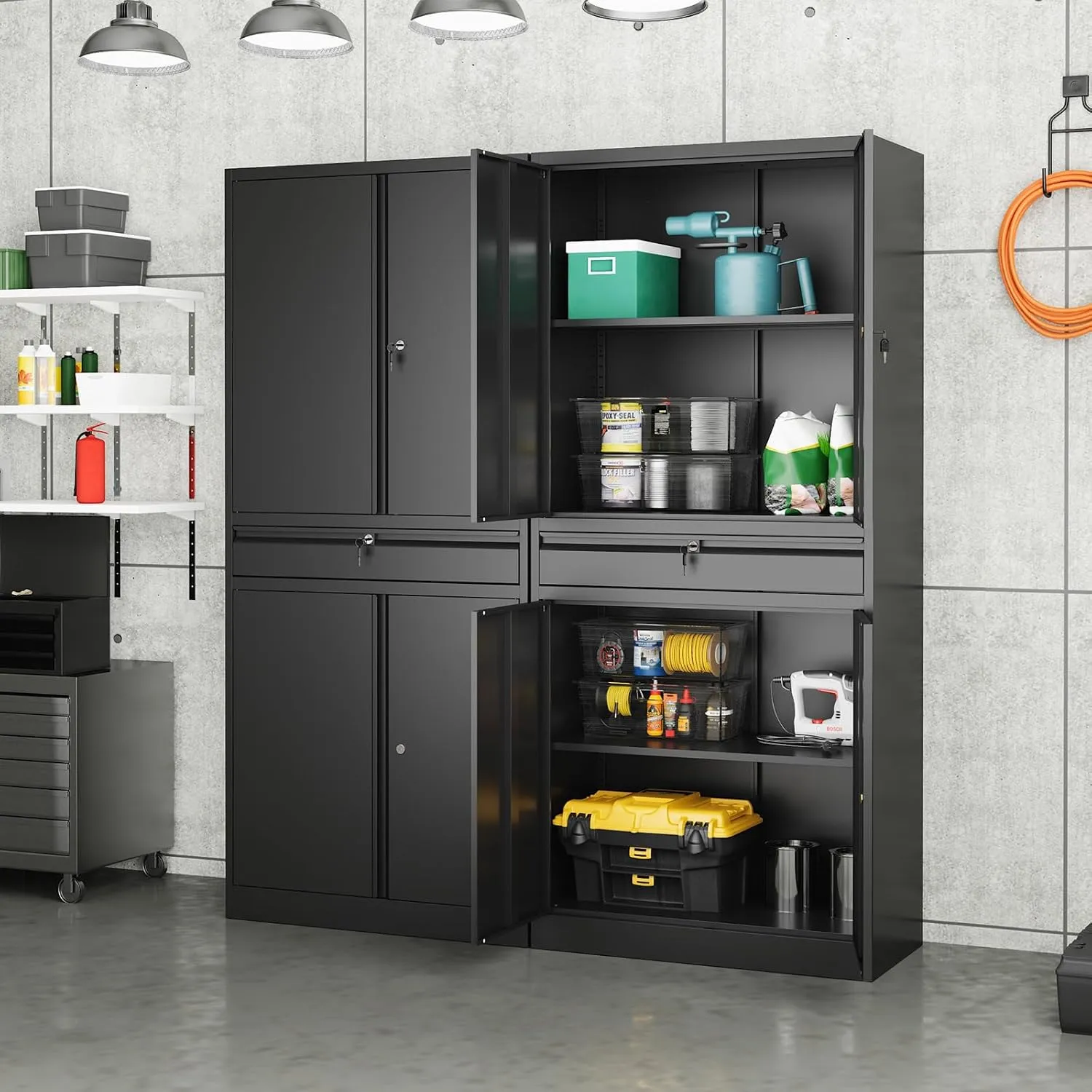 Yizosh Metal Garage Storage Cabinet with Locking Doors and Adjustable Shelves, Tool Storage Cabinet with 1 Drawer - 71" Steel Locking Cabinet for Garage, Warehouse (Black)
