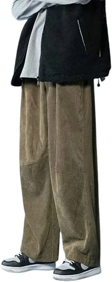 yoeasy Men Loose Elastic Waist Corduroy Pants Casual Drawstring Outdoor Wide Leg Pants