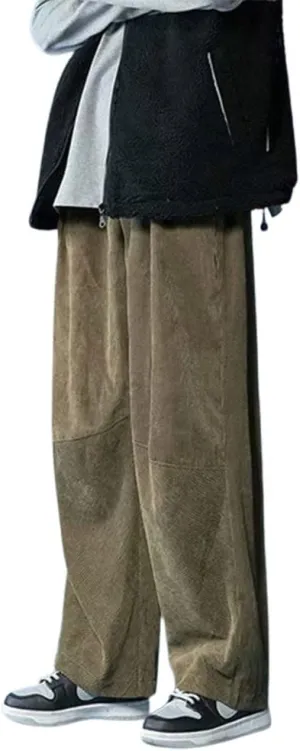 yoeasy Men Loose Elastic Waist Corduroy Pants Casual Drawstring Outdoor Wide Leg Pants