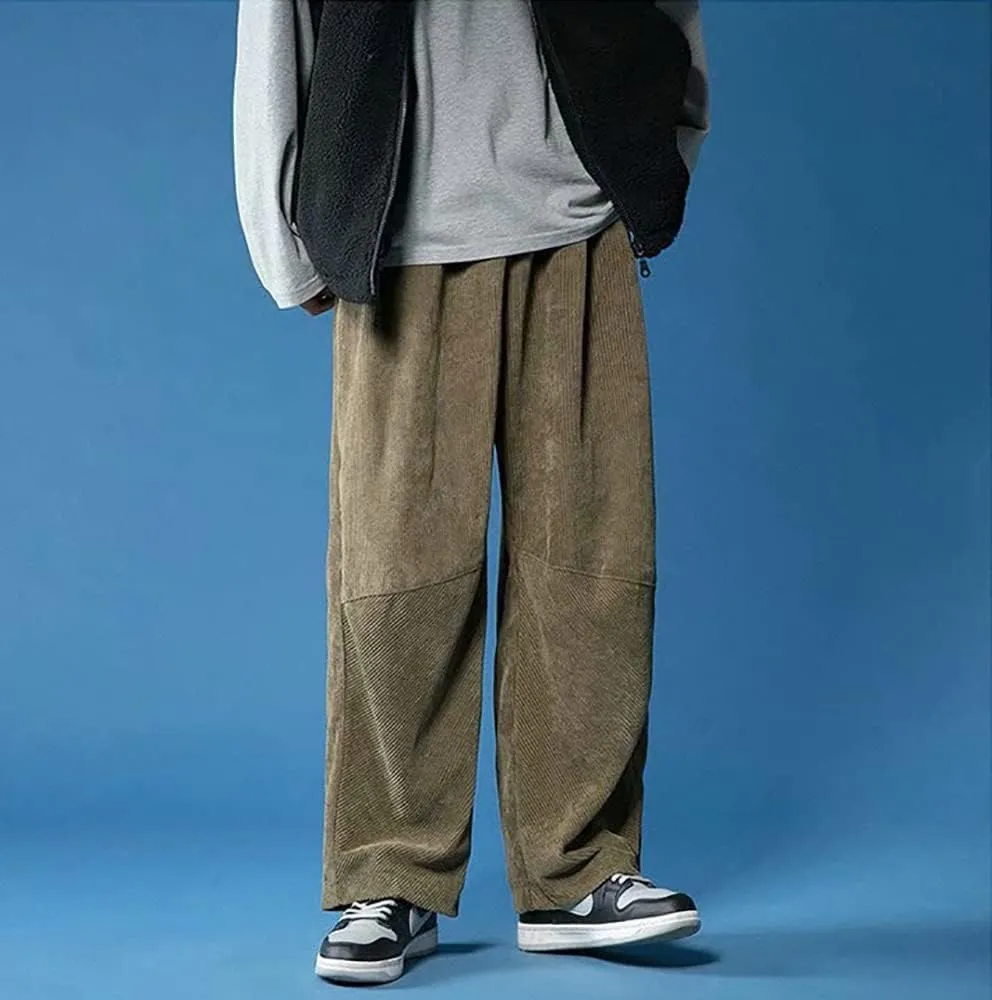 yoeasy Men Loose Elastic Waist Corduroy Pants Casual Drawstring Outdoor Wide Leg Pants