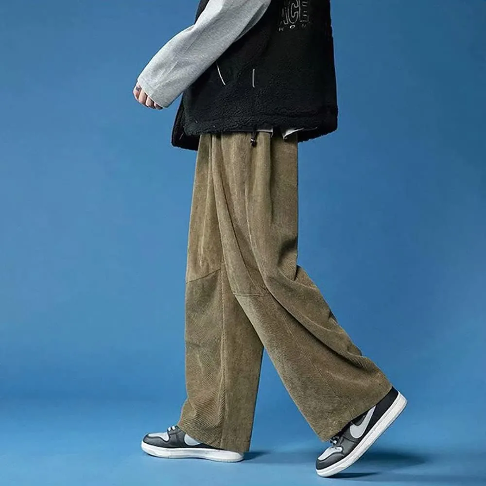 yoeasy Men Loose Elastic Waist Corduroy Pants Casual Drawstring Outdoor Wide Leg Pants