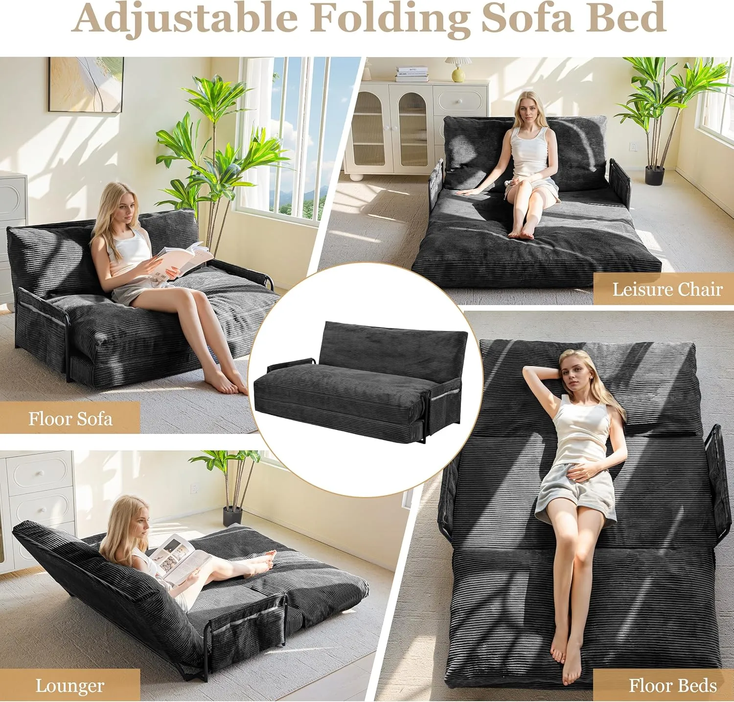 YOSHOOT Lazy Floor Sofa Convertible Bean Bag Sofa Bed Couch, 5-Position Foldable Sleeper Chair with Armrest, Ideal for Reading & Gaming