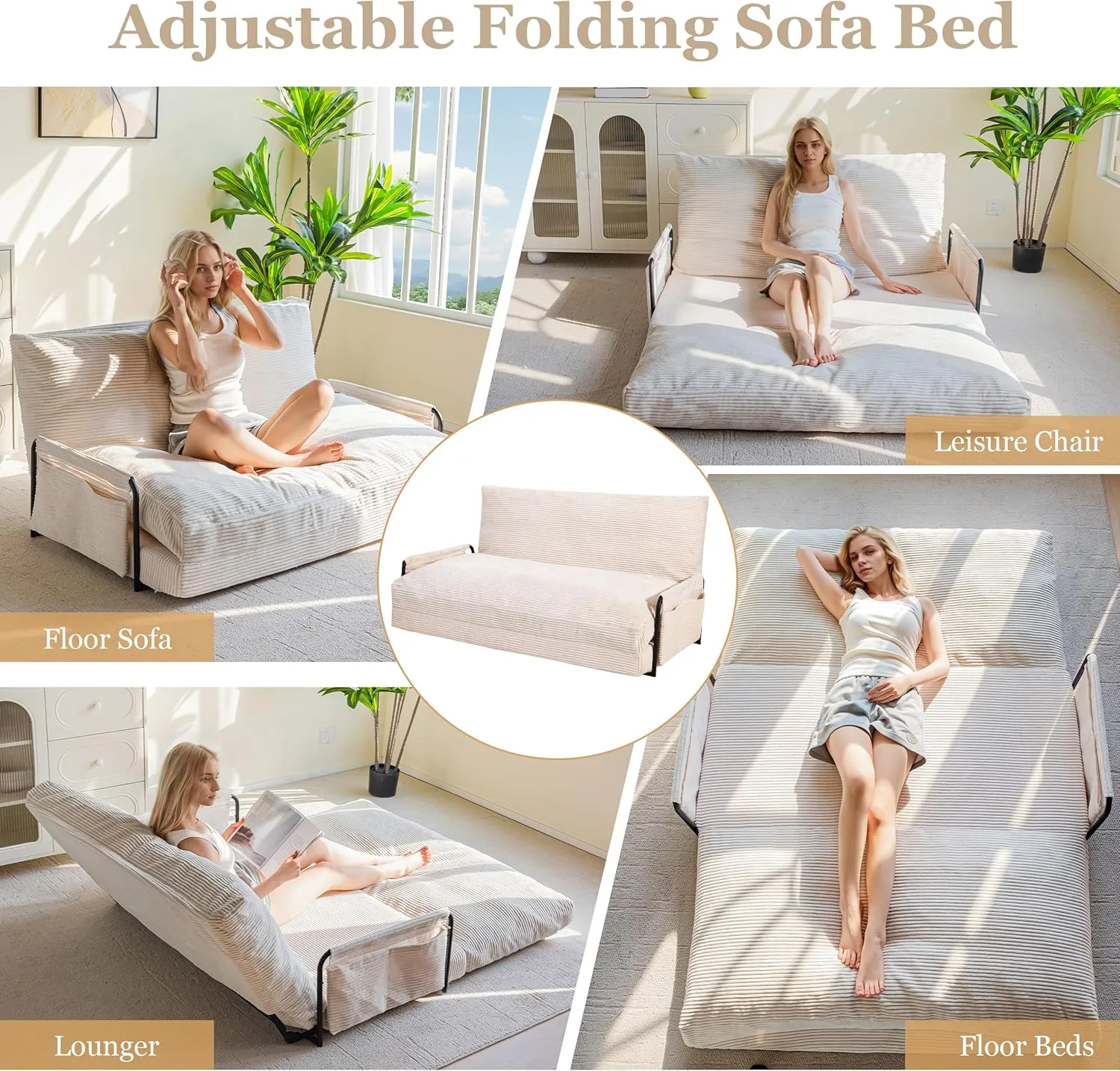 YOSHOOT Lazy Floor Sofa Convertible Bean Bag Sofa Bed Couch, 5-Position Foldable Sleeper Chair with Armrest, Ideal for Reading & Gaming