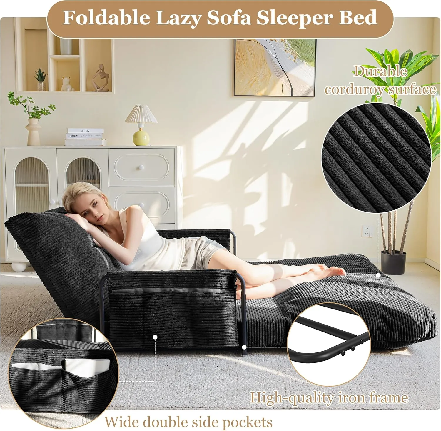 YOSHOOT Lazy Floor Sofa Convertible Bean Bag Sofa Bed Couch, 5-Position Foldable Sleeper Chair with Armrest, Ideal for Reading & Gaming