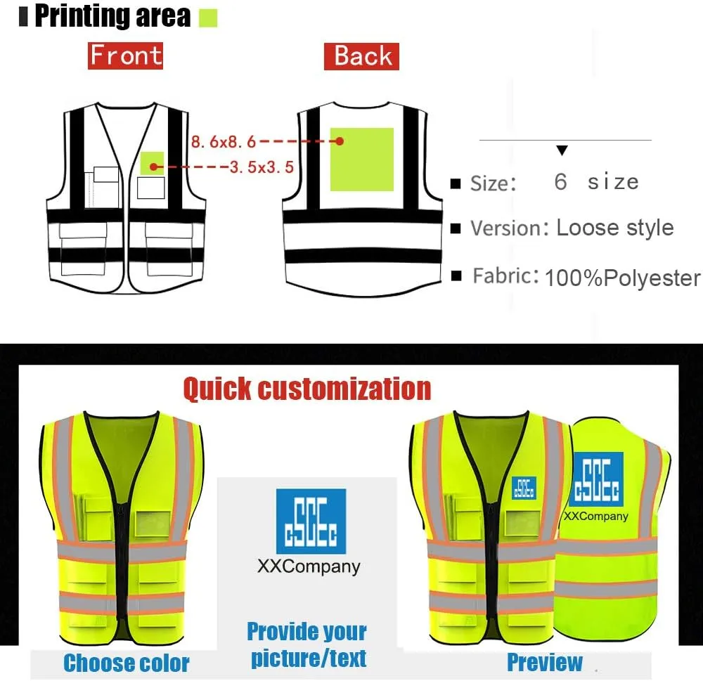 YOWESHOP High Reflective Visibility Safety Vest Custom Your Logo Safety Workwear with Reflective Strips and Front Zipper