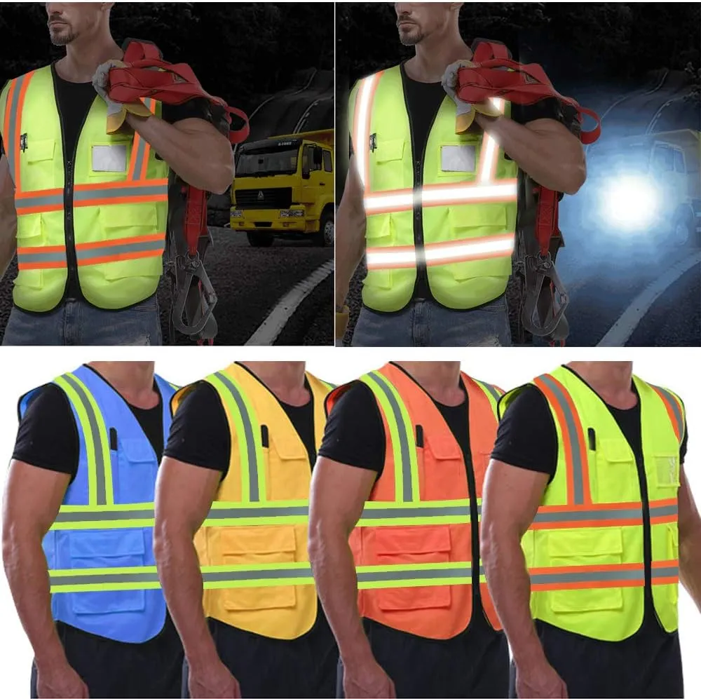 YOWESHOP High Reflective Visibility Safety Vest Custom Your Logo Safety Workwear with Reflective Strips and Front Zipper