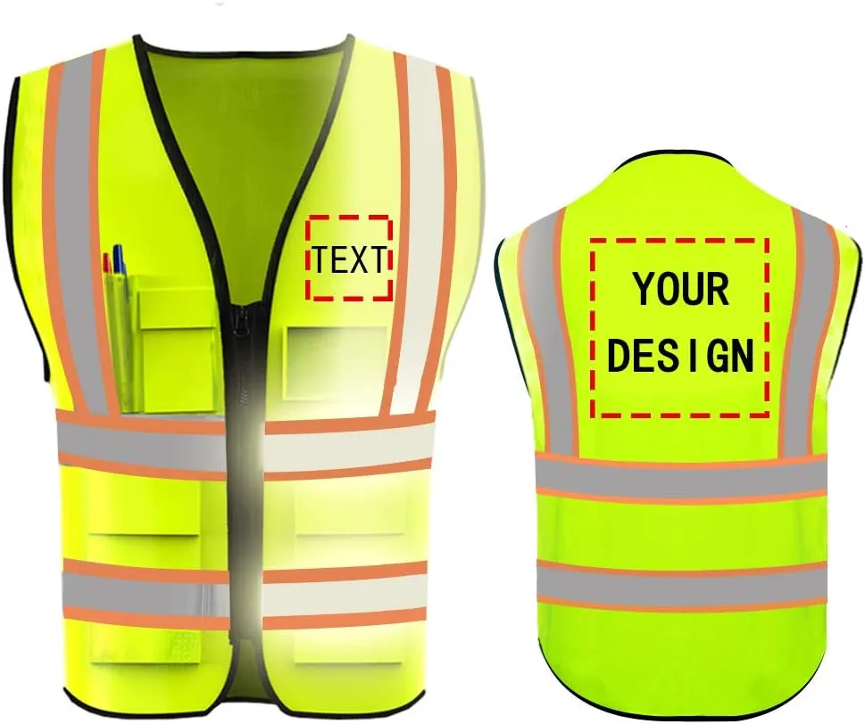 YOWESHOP High Reflective Visibility Safety Vest Custom Your Logo Safety Workwear with Reflective Strips and Front Zipper