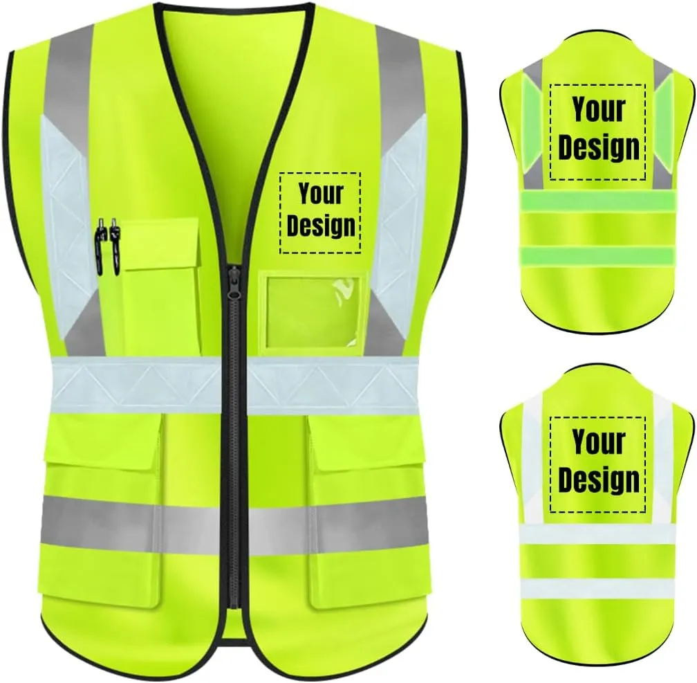 YOWESHOP High Visibility Safety Vest Custom Your Logo Protective Workwear 5 Pockets With Reflective Strips Outdoor Work Vest (2XL, Yellow Luminous)