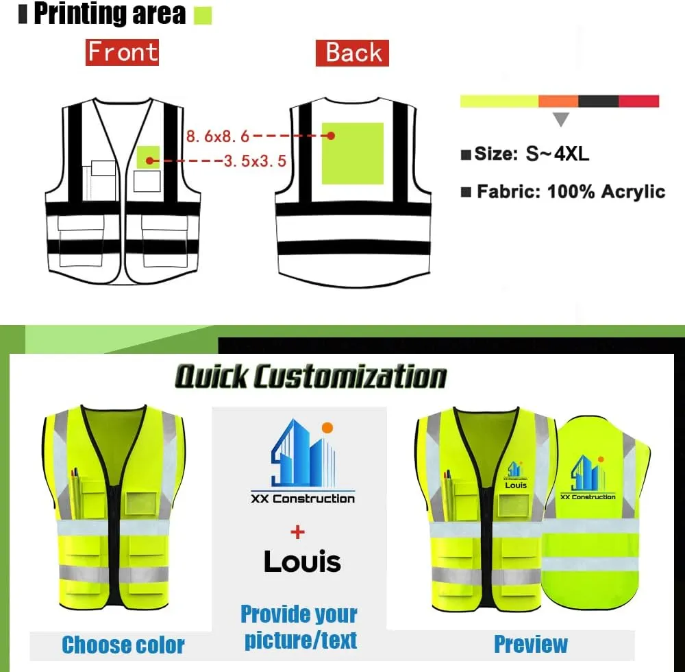 YOWESHOP High Visibility Safety Vest Custom Your Logo Protective Workwear 5 Pockets With Reflective Strips Outdoor Work Vest (2XL, Yellow Luminous)