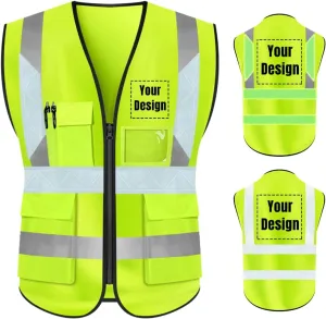 YOWESHOP High Visibility Safety Vest Custom Your Logo Protective Workwear 5 Pockets With Reflective Strips Outdoor Work Vest (2XL, Yellow Luminous)