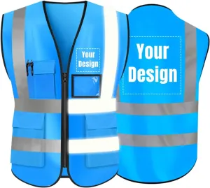 YOWESHOP High Visibility Safety Vest Custom Your Logo Protective Workwear 5 Pockets With Reflective Strips Outdoor Work Vest (Blue (M))