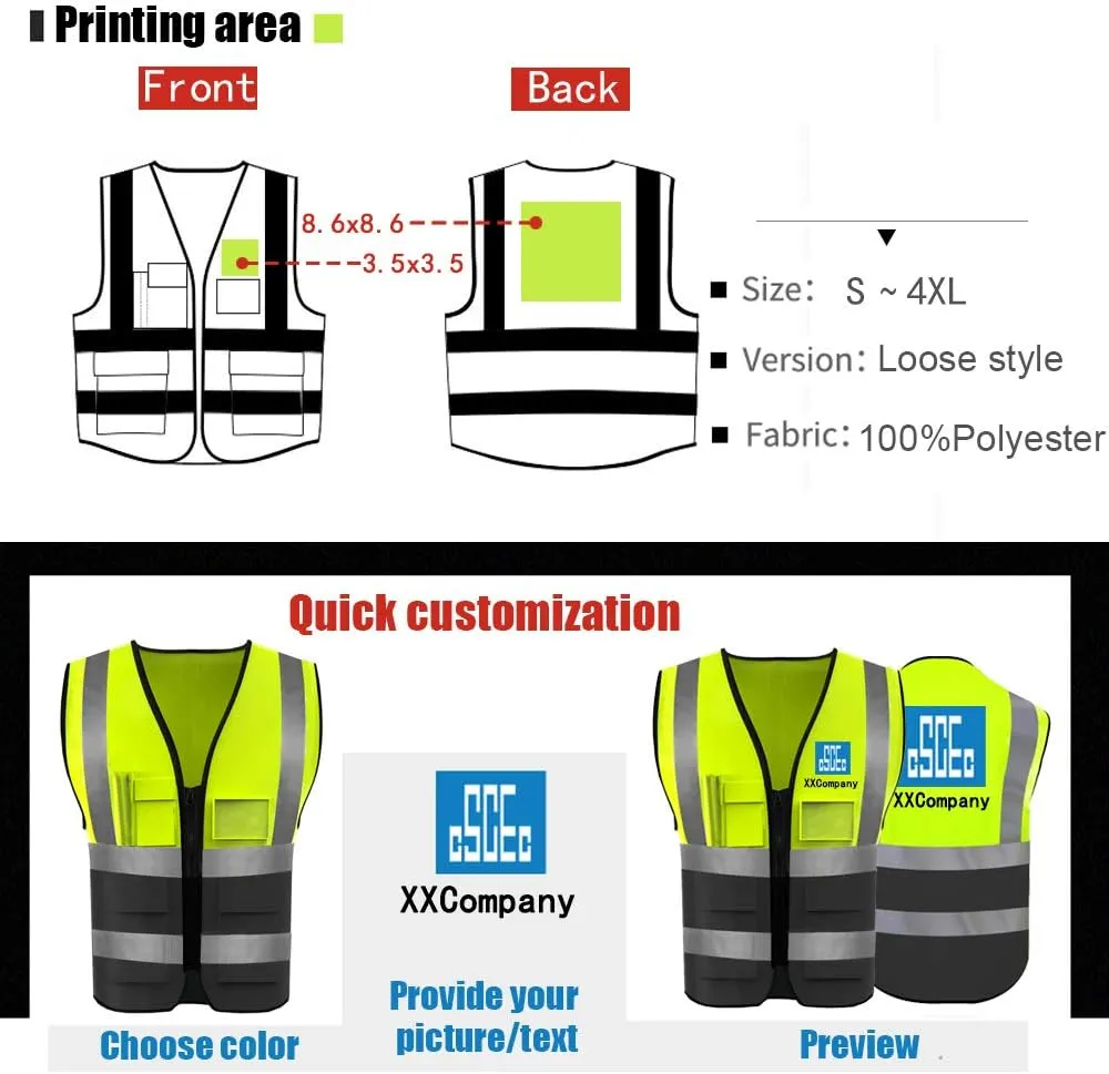 YOWESHOP High Visibility Safety Vest with Reflective Strips Custom Your Logo Hi Vis 5 Pockets Outdoor Work Vest (Blue L)