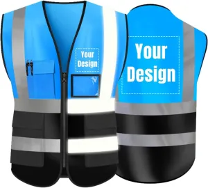 YOWESHOP High Visibility Safety Vest with Reflective Strips Custom Your Logo Hi Vis 5 Pockets Outdoor Work Vest (Blue L)