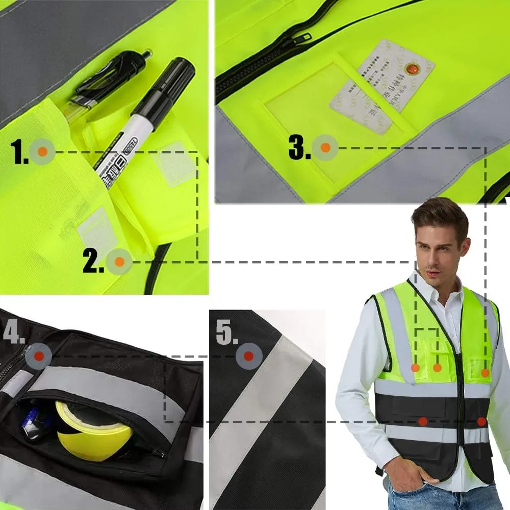YOWESHOP High Visibility Safety Vest with Reflective Strips Custom Your Logo Hi Vis 5 Pockets Outdoor Work Vest (Blue L)