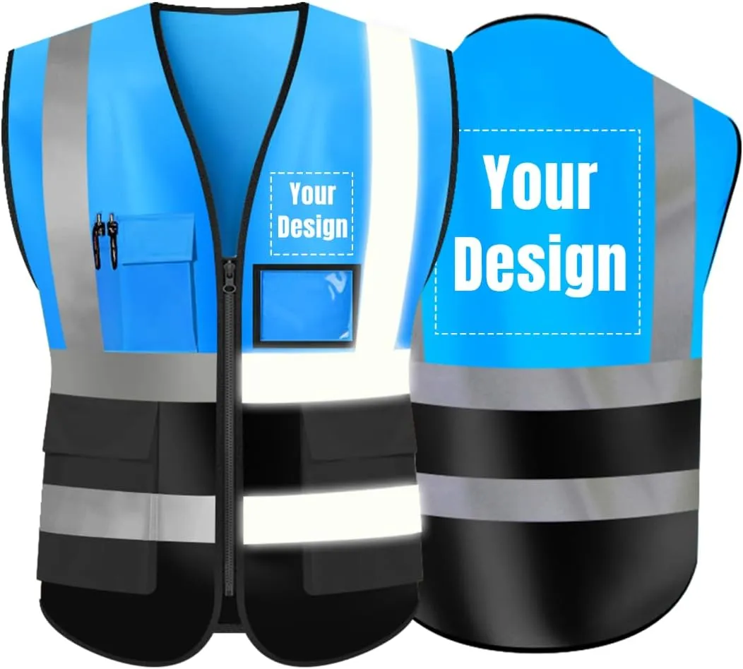 YOWESHOP High Visibility Safety Vest with Reflective Strips Custom Your Logo Hi Vis 5 Pockets Outdoor Work Vest (Blue L)