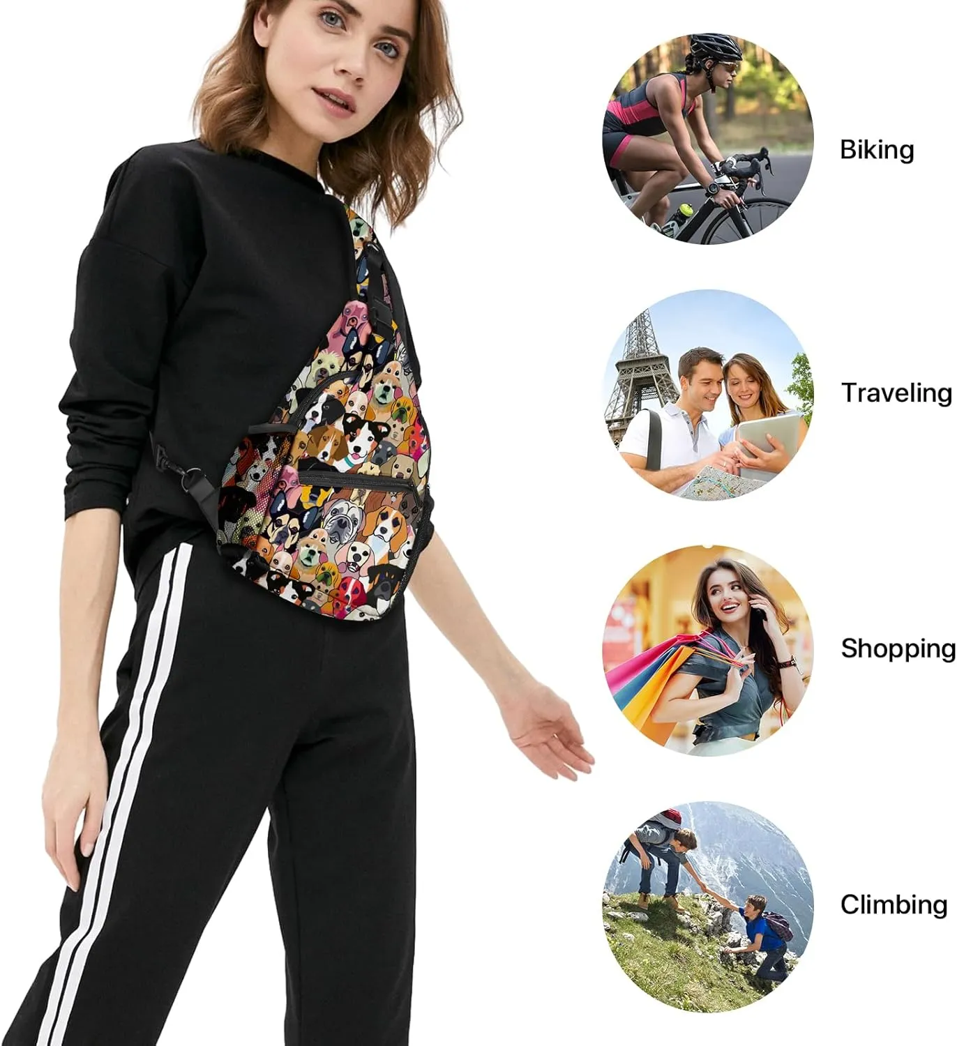 Yrebyou Colorful Dog Sling Bag Travel Crossbody Backpack Shoulder Daypack Hiking chest Pack for Women Lightweight Waterproof Adjustable Outdoor Workout