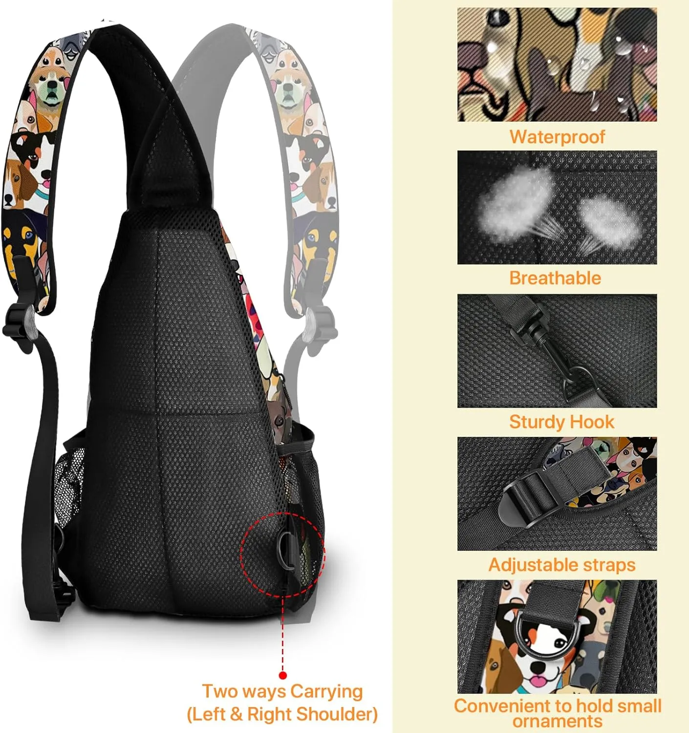 Yrebyou Colorful Dog Sling Bag Travel Crossbody Backpack Shoulder Daypack Hiking chest Pack for Women Lightweight Waterproof Adjustable Outdoor Workout