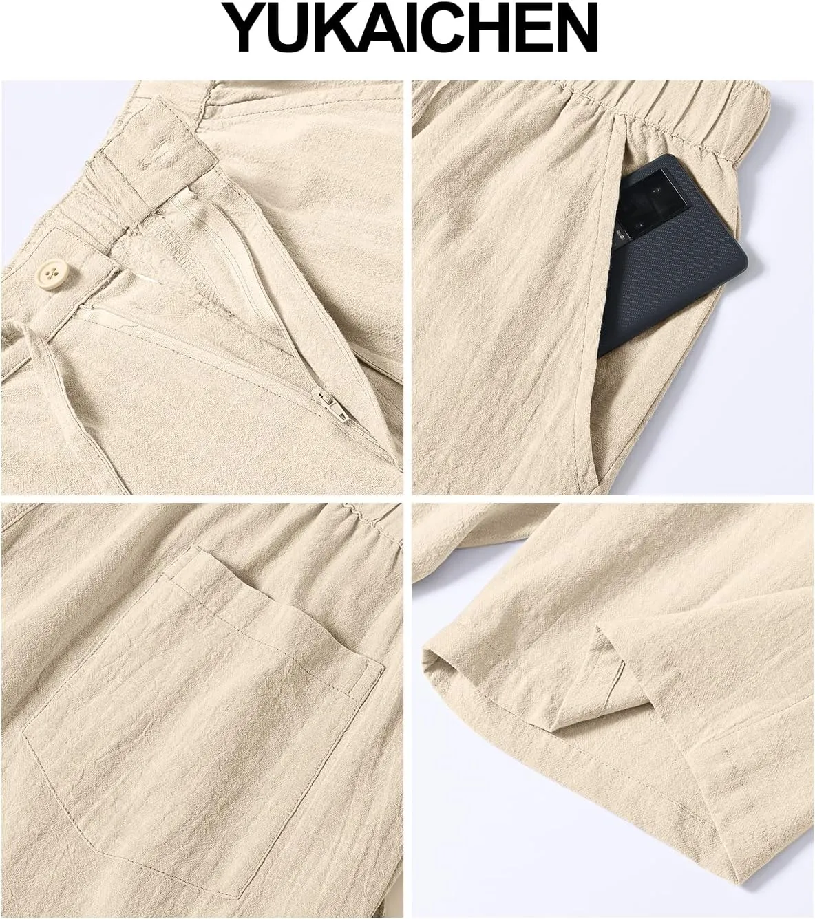 YuKaiChen Mens Casual Linen Shorts Summer Beach Vacation Lightweight Shorts Elastic Waist Drawstring Loose Fit