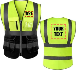 yunzhenbusiness Add Your Name Text on High Visibility Reflective Safety Vest Class 2 ANSI Custom Your Text Protective Workwear 5 Pockets With Reflective Strips Outdoor Work Vest(Yellow/Black L)