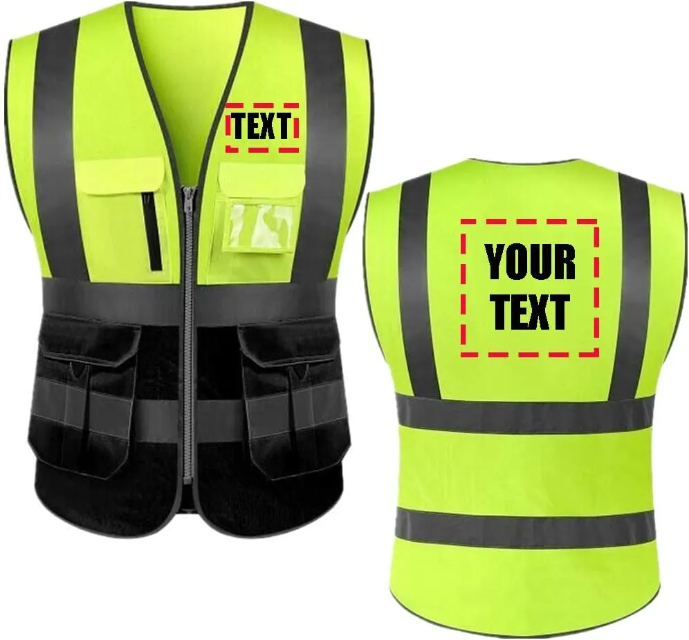 yunzhenbusiness Add Your Name Text on High Visibility Reflective Safety Vest Class 2 ANSI Custom Your Text Protective Workwear 5 Pockets With Reflective Strips Outdoor Work Vest(Yellow/Black L)