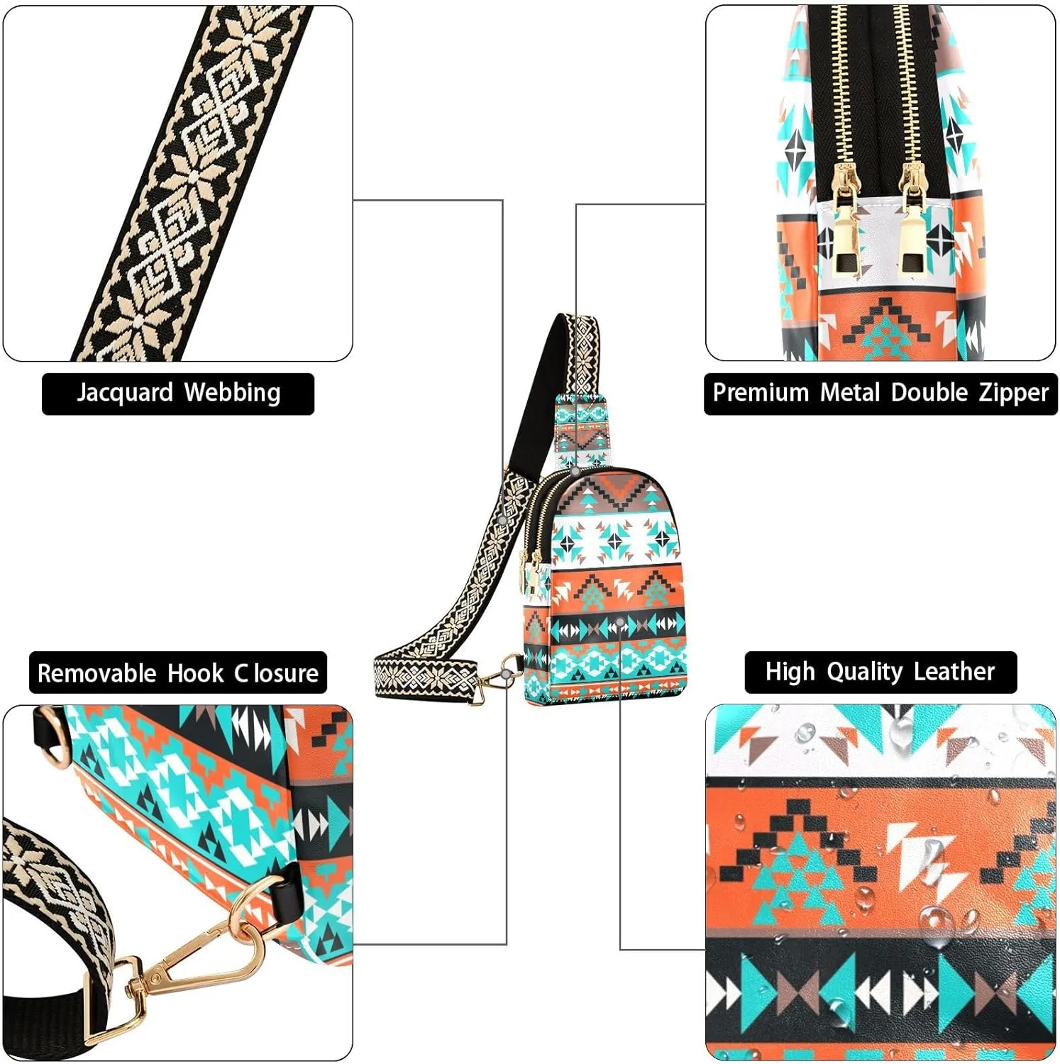 ZAZYXTJ Western Aztec Crossbody Sling Bag for Women Leather Small Chest Bag Adjustable Straps Daypack for Travel Sport Hiking