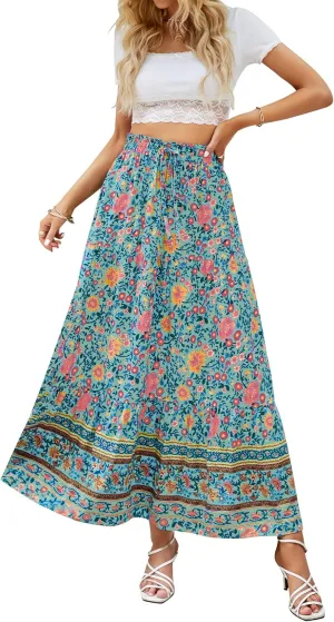 ZESICA Women's 2025 Summer Bohemian Floral Printed Elastic Waist A Line Maxi Skirt with Pockets